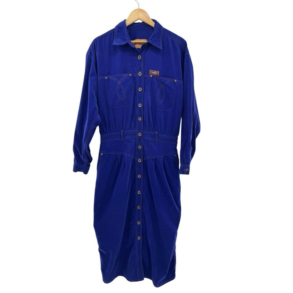 Women's Vintage Liz Claiborne Shirt Dress Western Style Blue Corduroy Midi‎ 90's